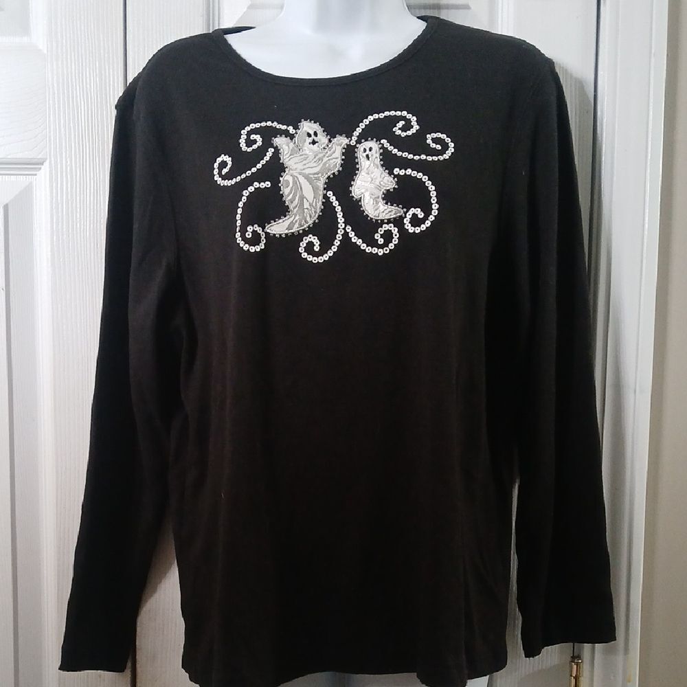 Designers Originals Black Long Sleeve Top White Embellished Ghosts Sz XLP EUC